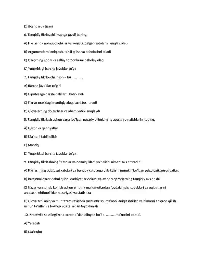 “Kreativ fikrlash” fanidan test savollari 2