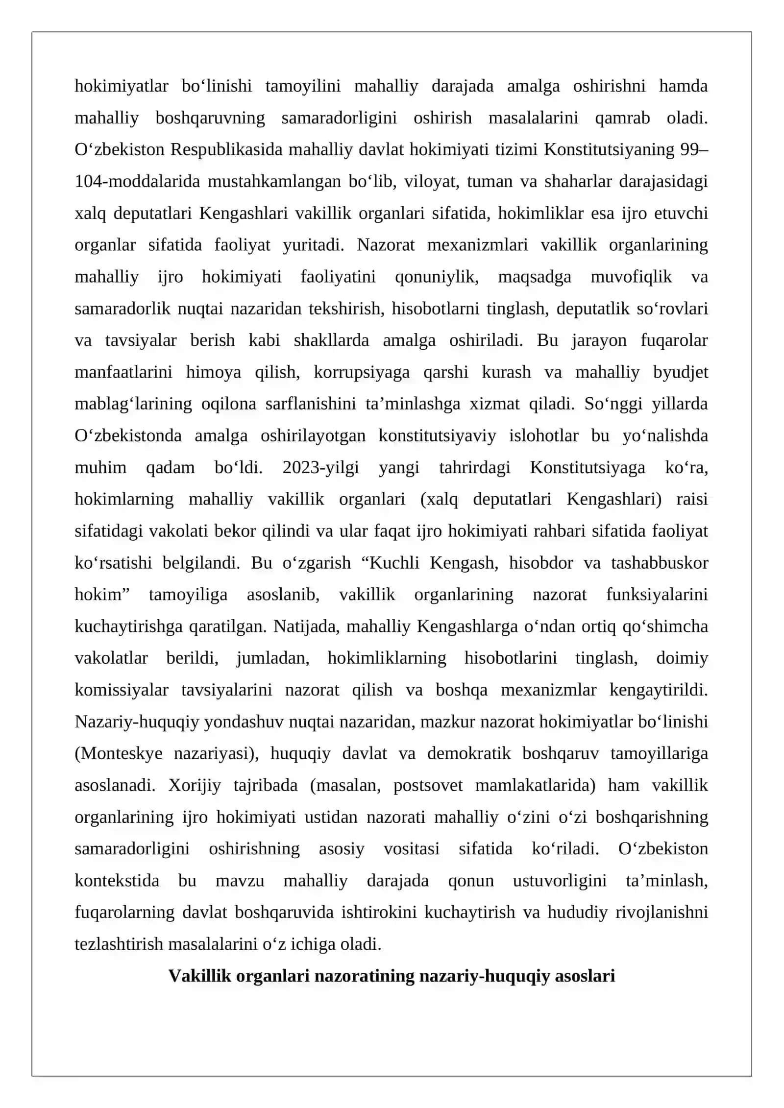 Mahalliy davlat hokimiyati organlari faoliyati ustidan vakillik organlari nazorati: nazariy-huquqiy yondashuv 2