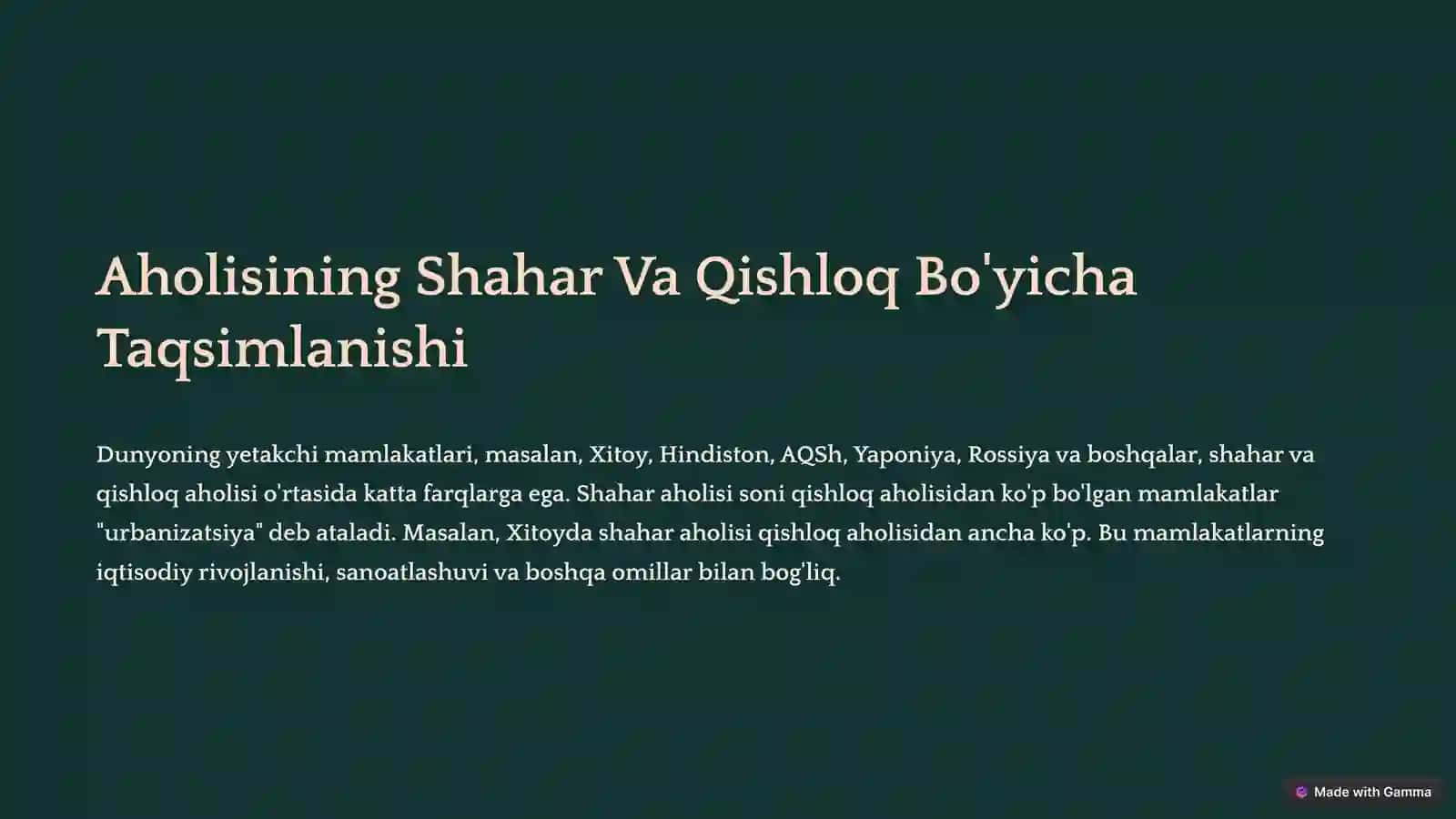 Dunyoning Yetakchi Mamlakatlarining Shahar Va Qishloq Aholisining Tarkibi 2