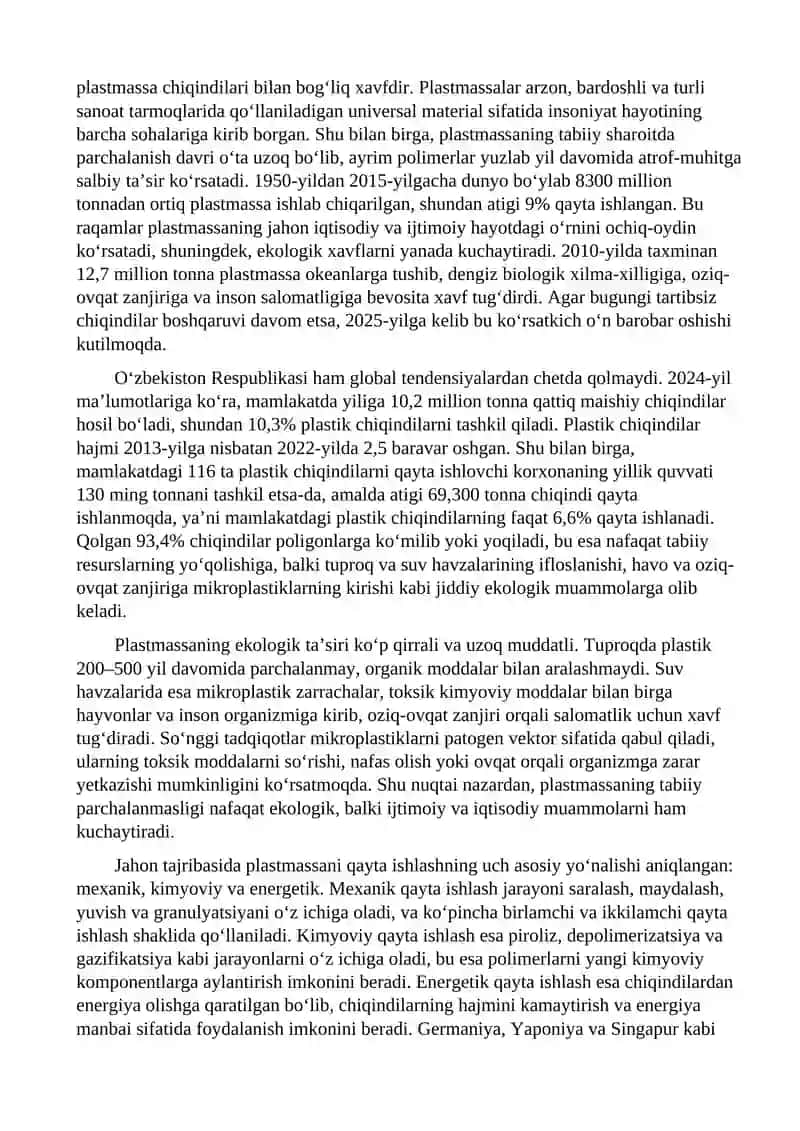 Plastmassa mahsulotlarini qayta ishlash va ulardan yangi mahsulotlar ishlab chiqarishning ilg’or texnoloiyalari 2