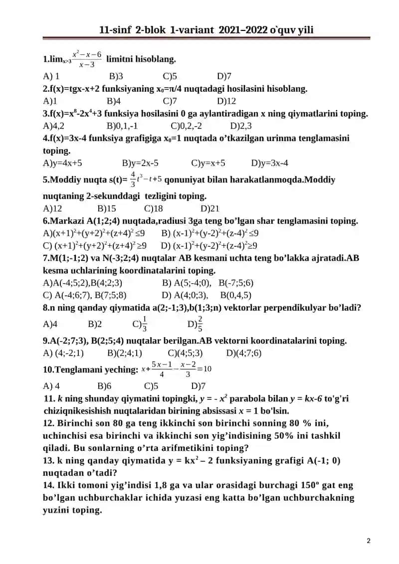 11-sinf 2-blok 1-variant 2021–2022 o`quv yili 2