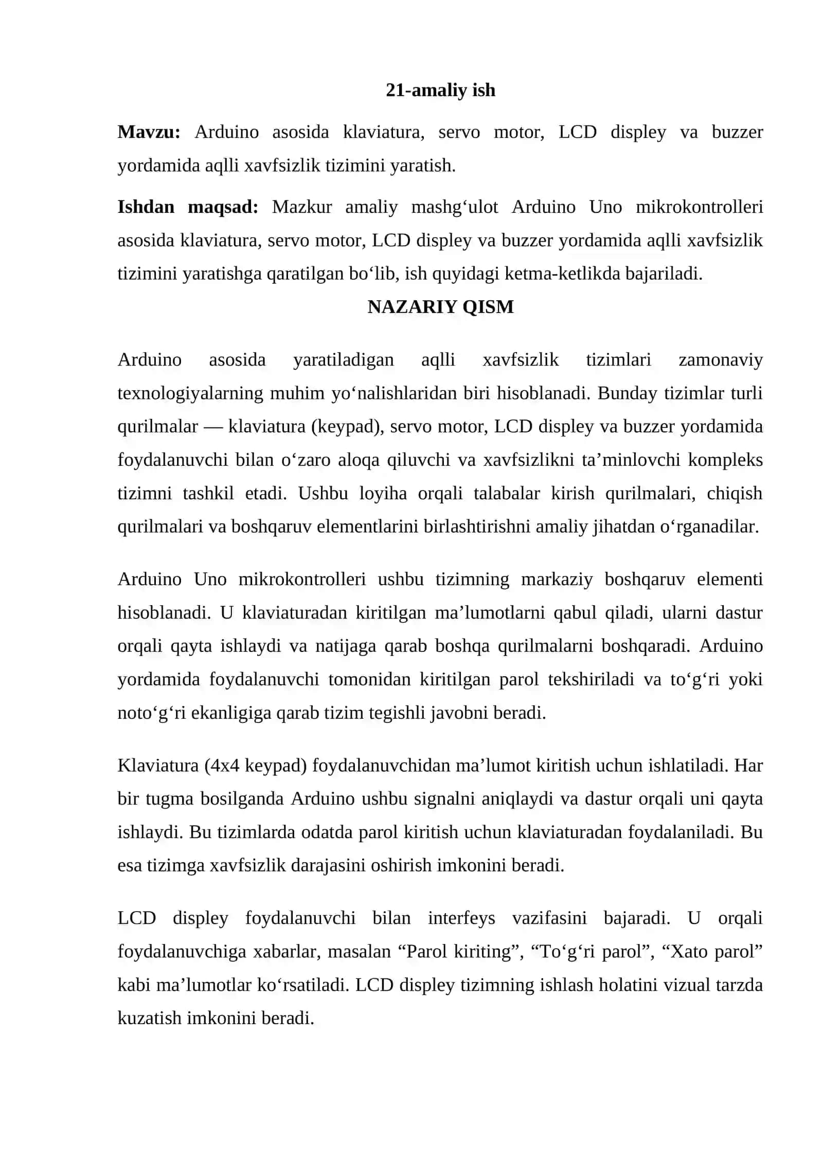 Arduino asosida klaviatura, servo motor, LCD displey va buzzer yordamida aqlli xavfsizlik tizimini yaratish 2