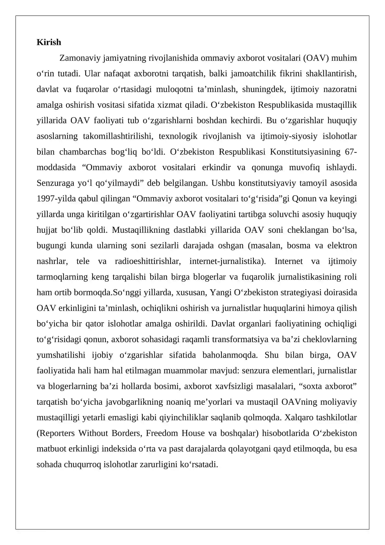 O‘zbekiston Respublikasida ommaviy axborot vositalarining faoliyati (o‘zgarishlar va muammolar) 2