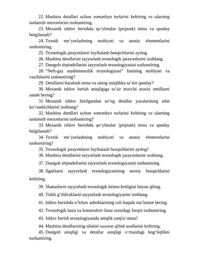 “Neft-ga sanoati mashinasozlik texnologiyasi” fanidan oraliq nazorat yozma ish savollari 2