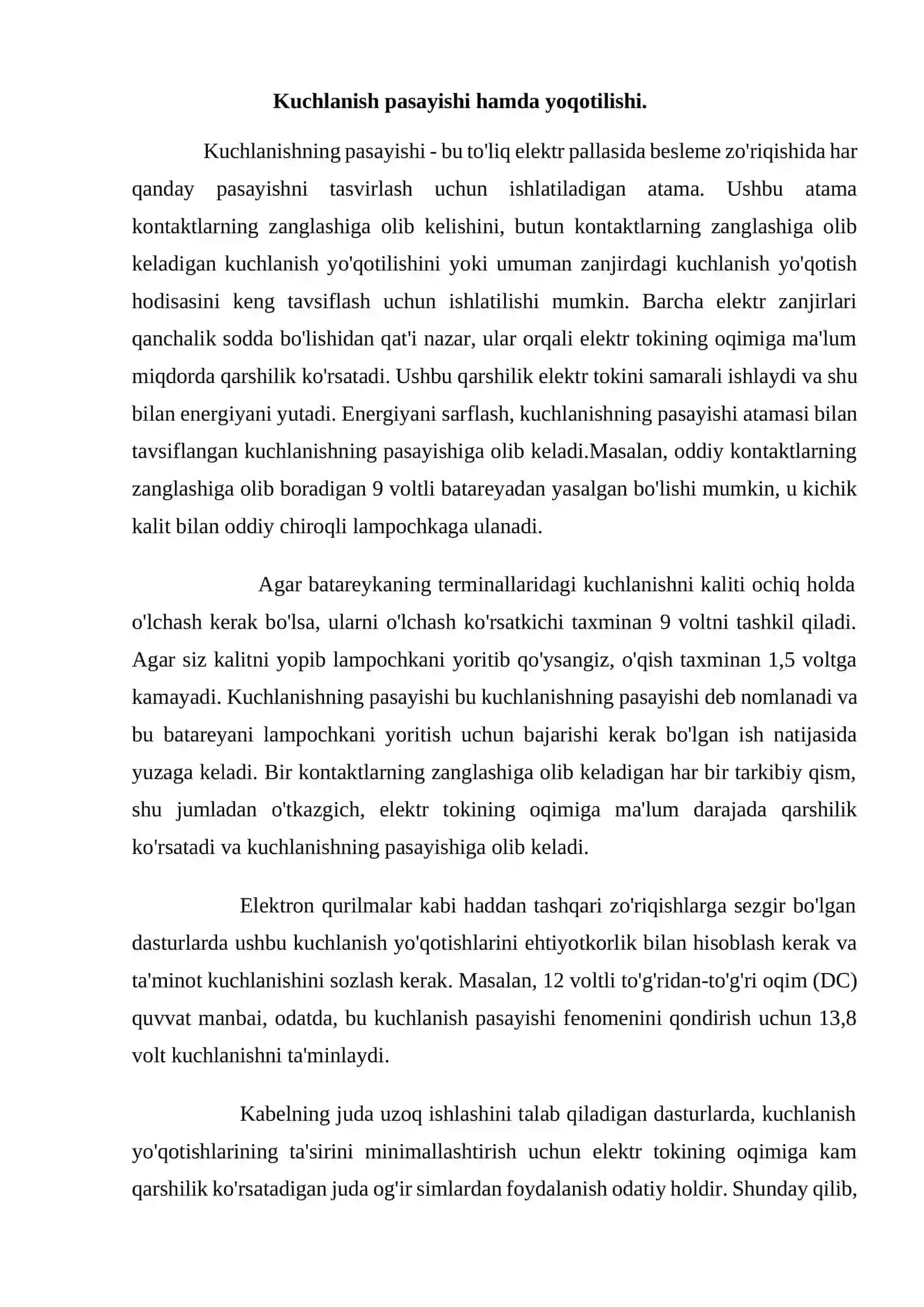 Kuchlanish pasayishi va yo‘qotilishi. Liniya uchastkasining vektor diagrammasi 2