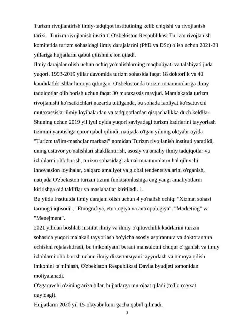 TURIZMNI RIVOJLANTIRISH INSTITUTI OʻZ FAOLIYATINI BOSHLASHI 2