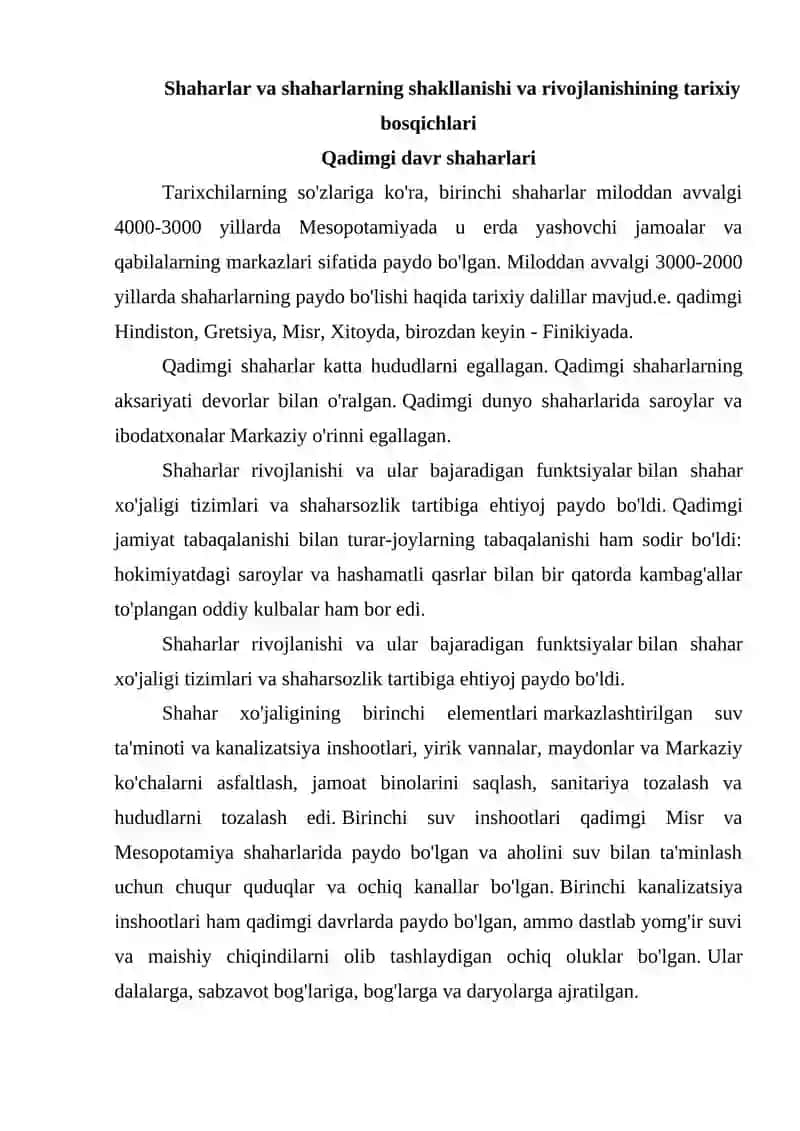 Shaharlarning vujudga kelishi va ularning davlatlarni tashkil topishdagi o’rni 2