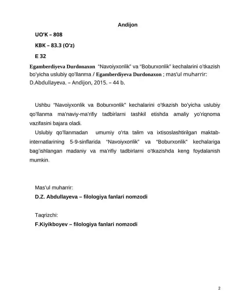Navoiyxonlik va Boburxonlik kechalarini o’tkazish bo’yicha uslubiy qo’llanma 2