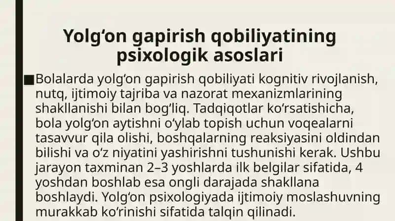 Yolg’on gapirish qobiliyati.Bolalarda ongli ravishda qachon paydo Boʻladi ? 2