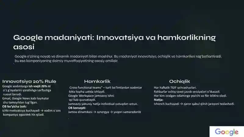 Google kompaniyasining tashkiliy xulq-atvori: Muvaffaqiyat sirlari 2