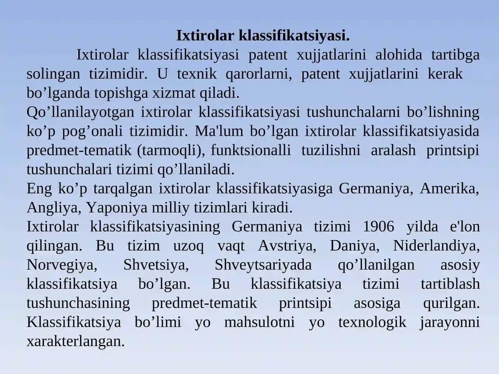 Ixtirolarning klassifikatsiyasi.Patentlash ma'lumotlari 2