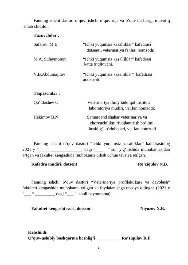 KLINIK DIAGNOSTIKA VA RENTGENOLOGIYA FANINING ISHCHI OʻQUV DASTURI (Sirtqi ta’lim 3-bosqich talabalari uchun) 2