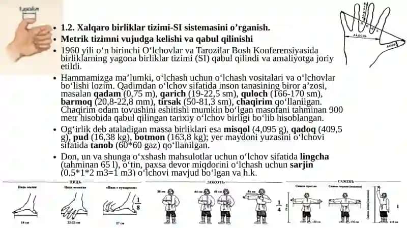 Xalqaro birliklar tizimi SI-sistemasini oʻrganish. “Metrologiya” toʻgʻrisidagi Oʻzbekiston respublikasining qonuni 2
