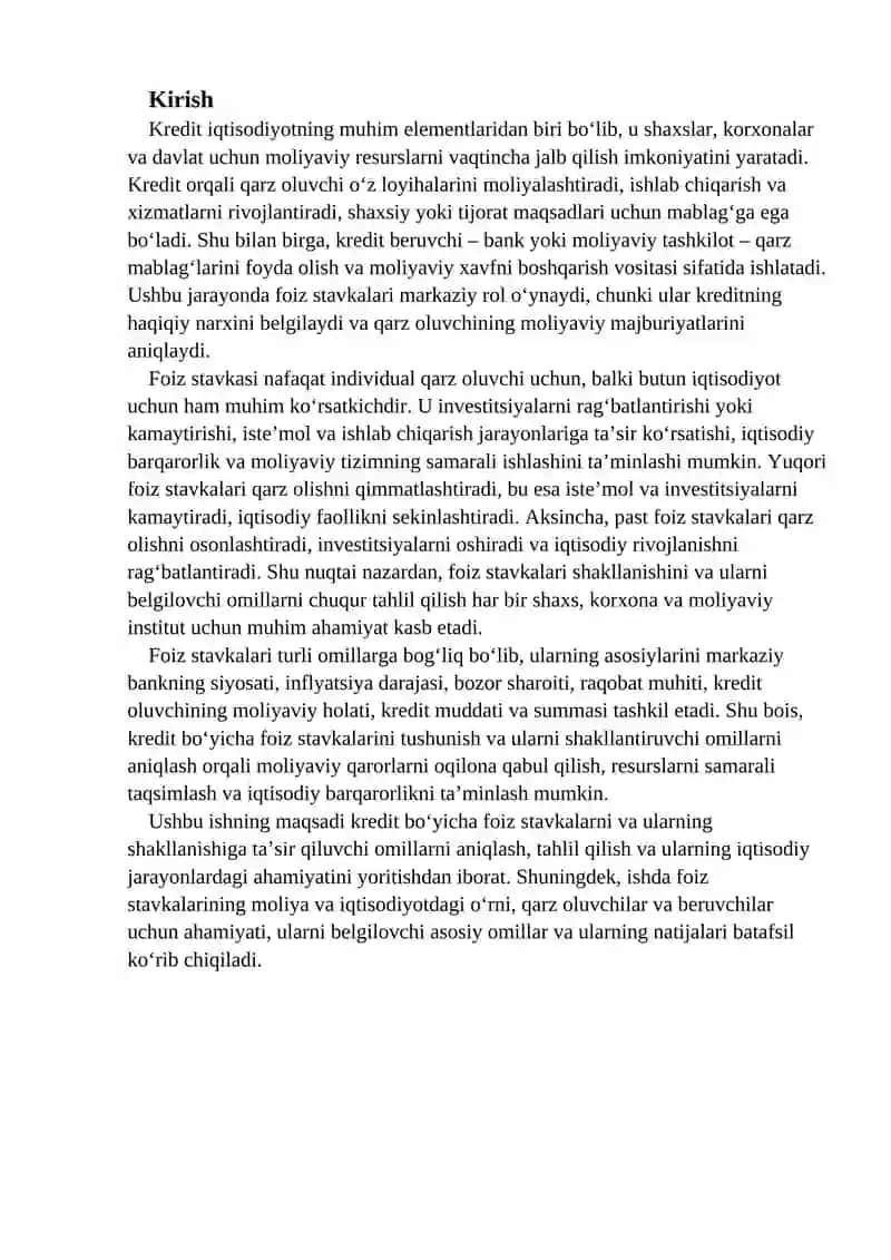 Kredit bo’yicha foiz stavkalar va unga ta’sir qiluvchi omillar 2