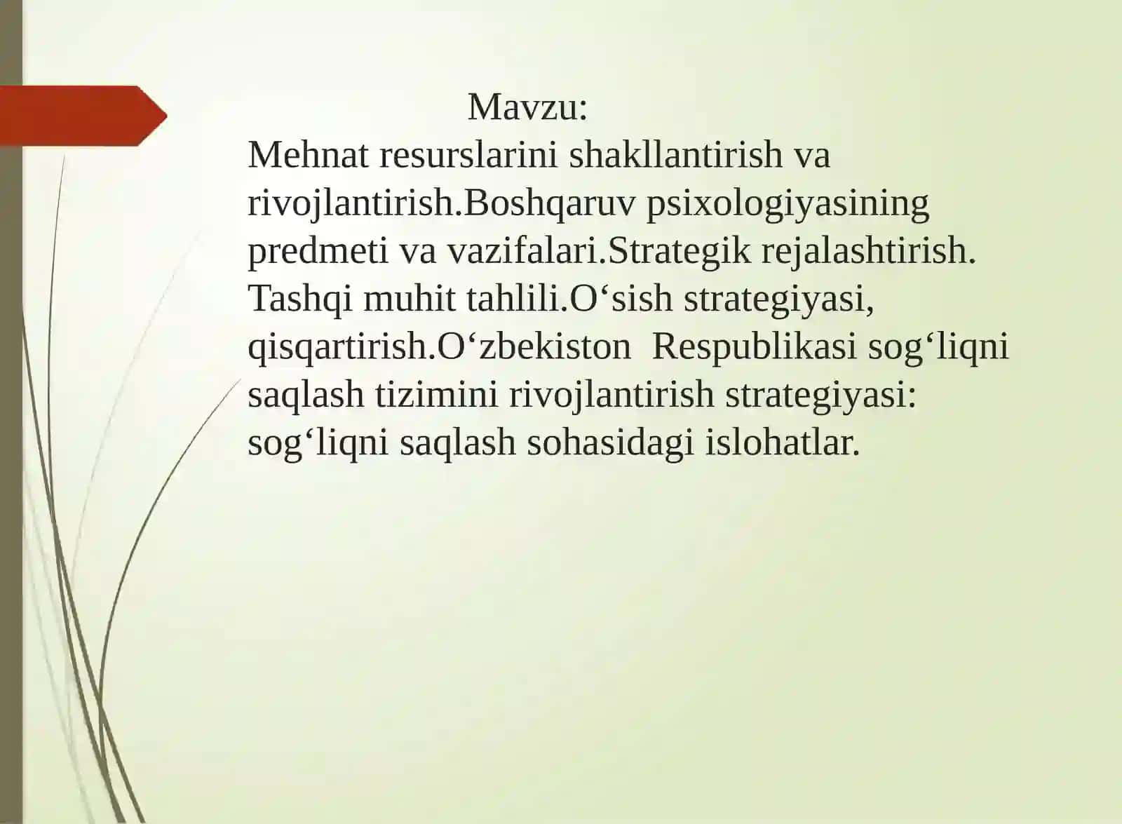 Mehnat resurslarini shakllantirish va rivojlantirish. Boshqaruv psixologiyasining predmeti va vazifalari. Strategik rejalashtirish. Tashqi muhit tahlili. O‘sish strategiyasi, qisqartirish. O‘zbekiston Respublikasi sog‘liqni saqlash tizimini rivojlantirish strategiyasi: sog‘liqni saqlash sohasidagi islohatlar 2