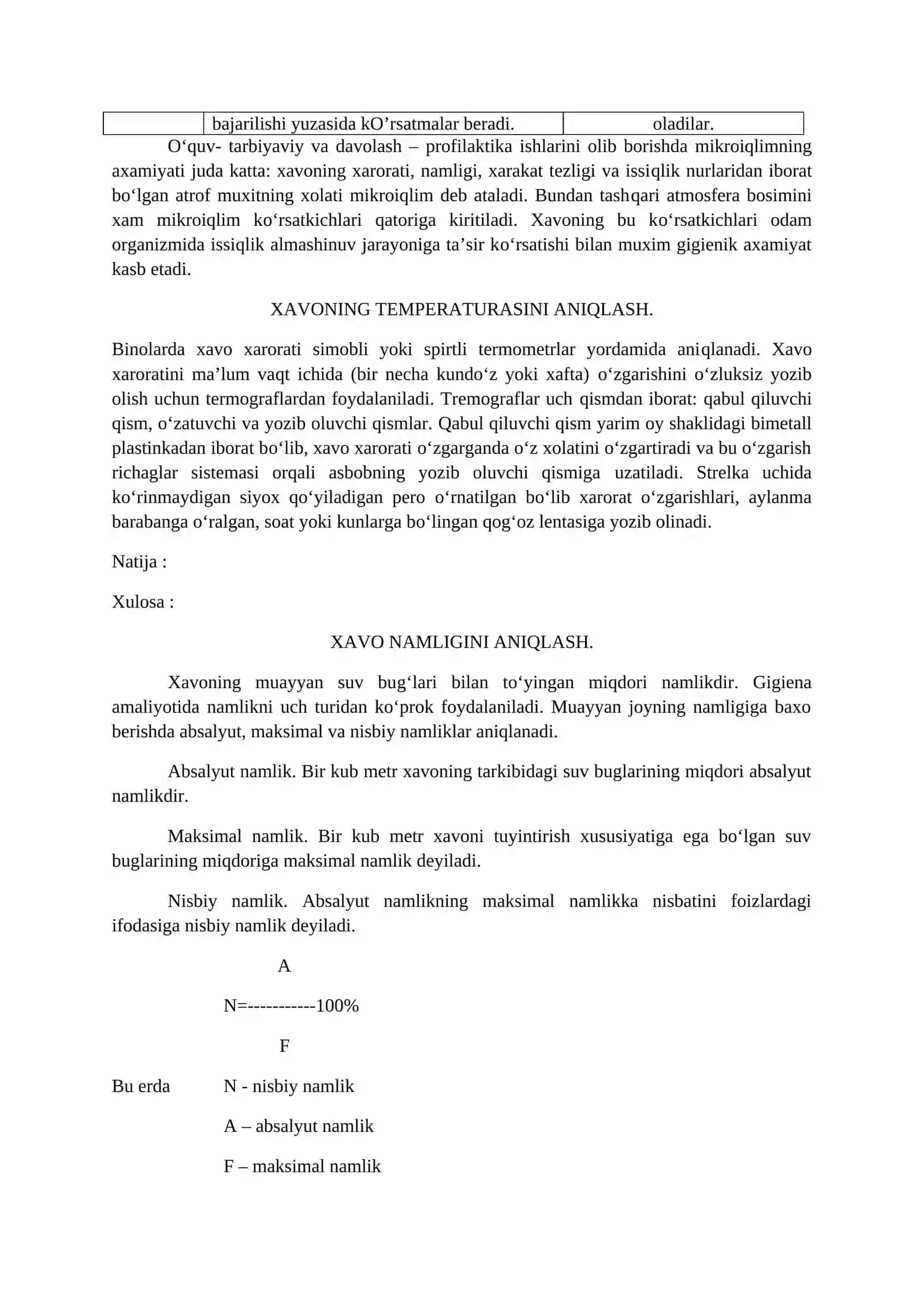 Kasalxona xonalari mikroiqlimining gigienik ahamiyati (harorat, namlik, havo harakat tezligi, bosim) 2