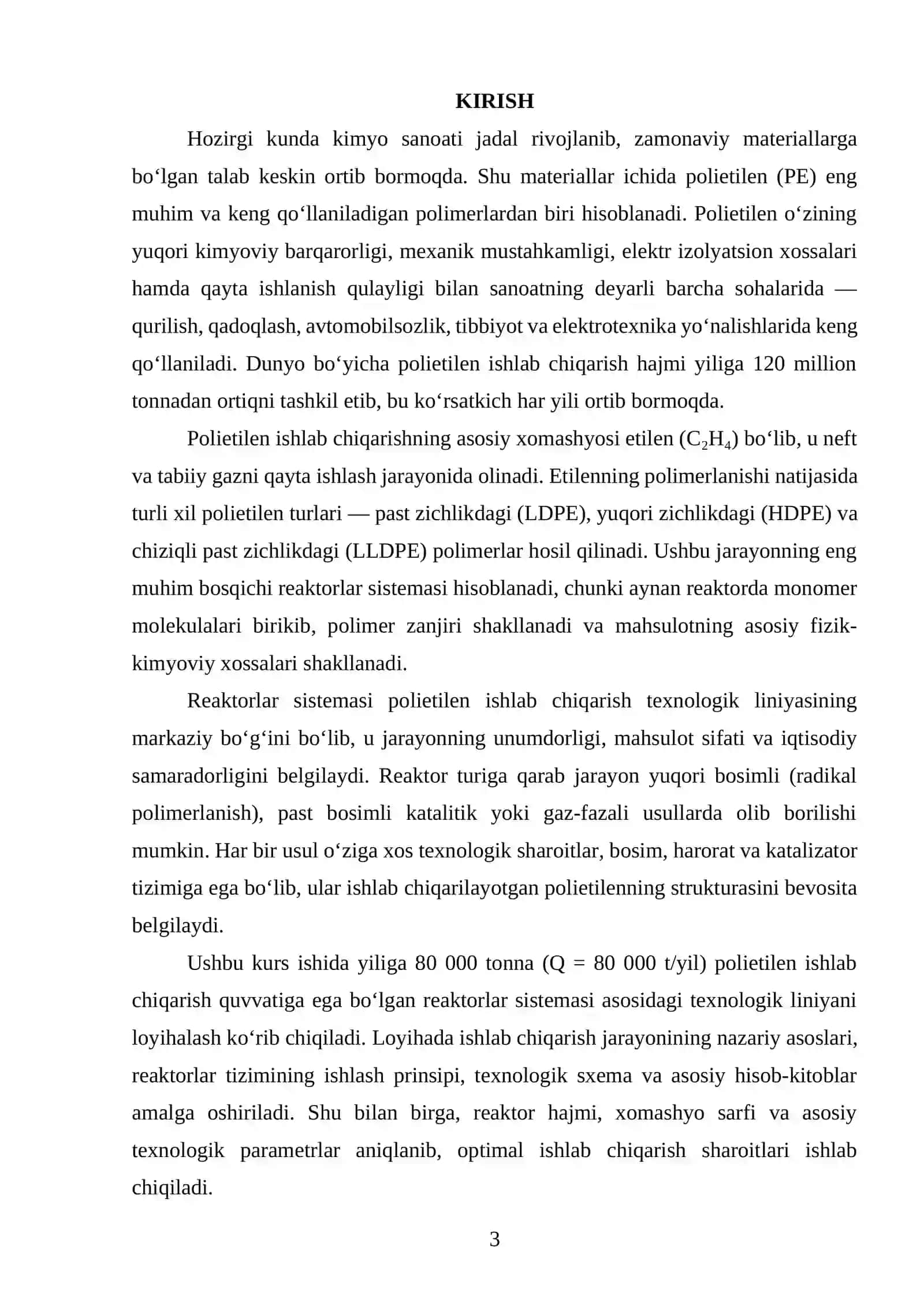 PE ishlab chiqarishda reaktorlar sistemasi texnologik liniyasini loyihalash. Q=80000 t yil 2