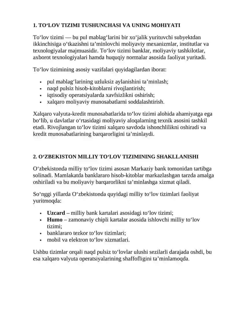 O‘ZBEKISTON TO‘LOV TIZIMI VA UNING XALQARO VALYUTA-KREDIT MUNOSABATLARIDAGI O‘RNI 2
