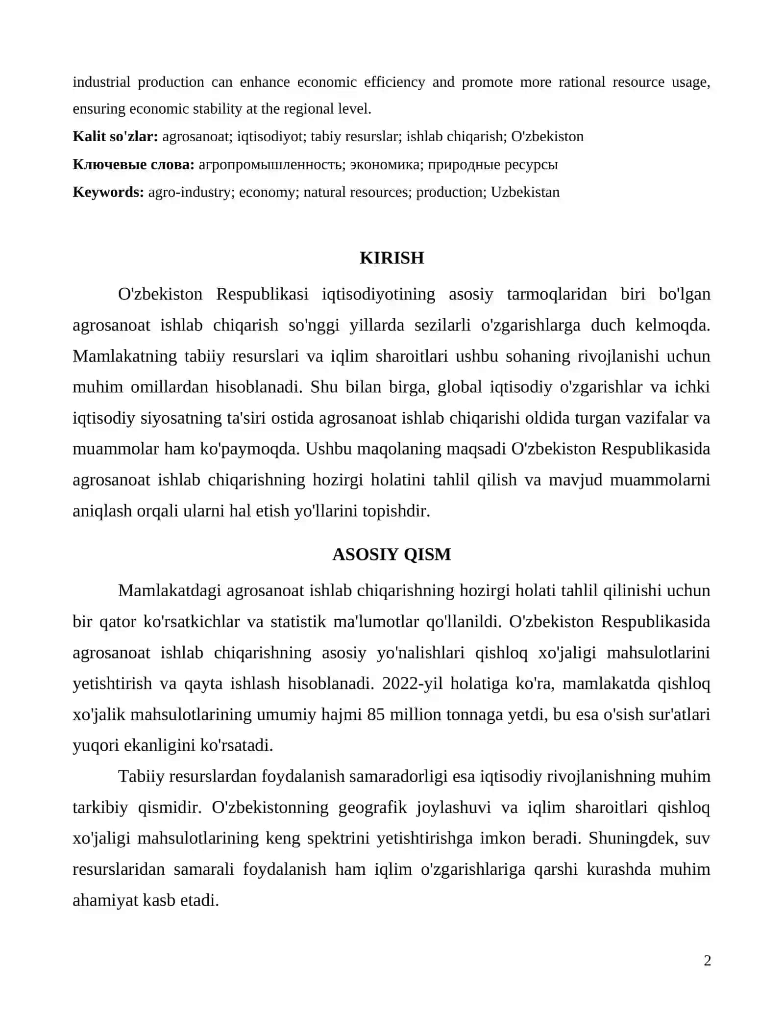 O'zbekiston Respublikasida agrosanoat ishlab chiqarishining tabiy va iqtisodiy holati tahlili 2