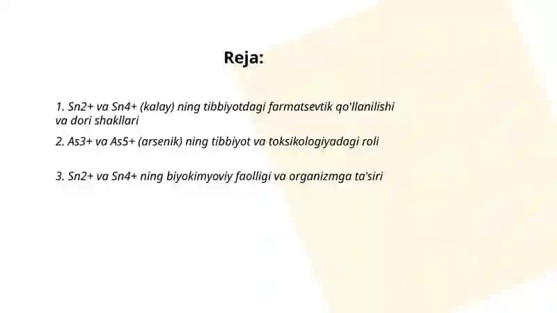 IV guruh Sn+2, Sn+4, As+3, As+5 kationlarini tibbiyotda qo'llanishi va analitik reaksiyalari 2