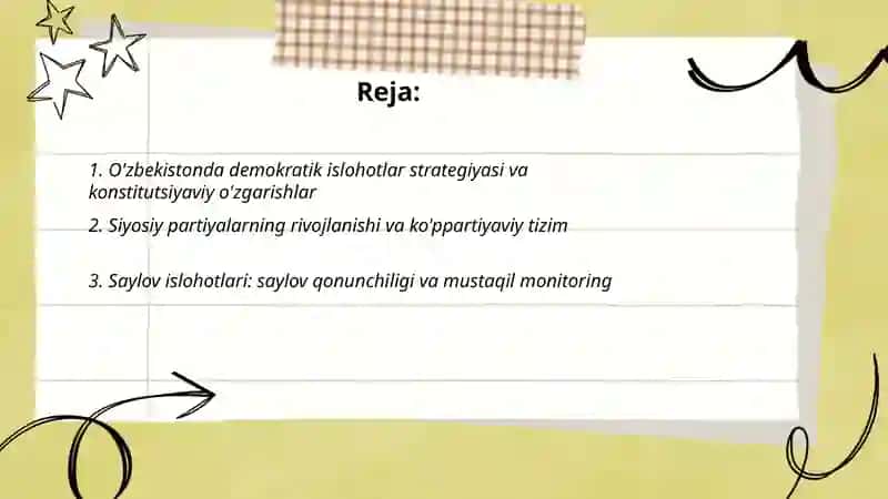 Uzbekistonda demokratik, fuqarolik jamiyati asoslarining shakllanishi, amalga oshirilgan siyosiy islohotlar 2
