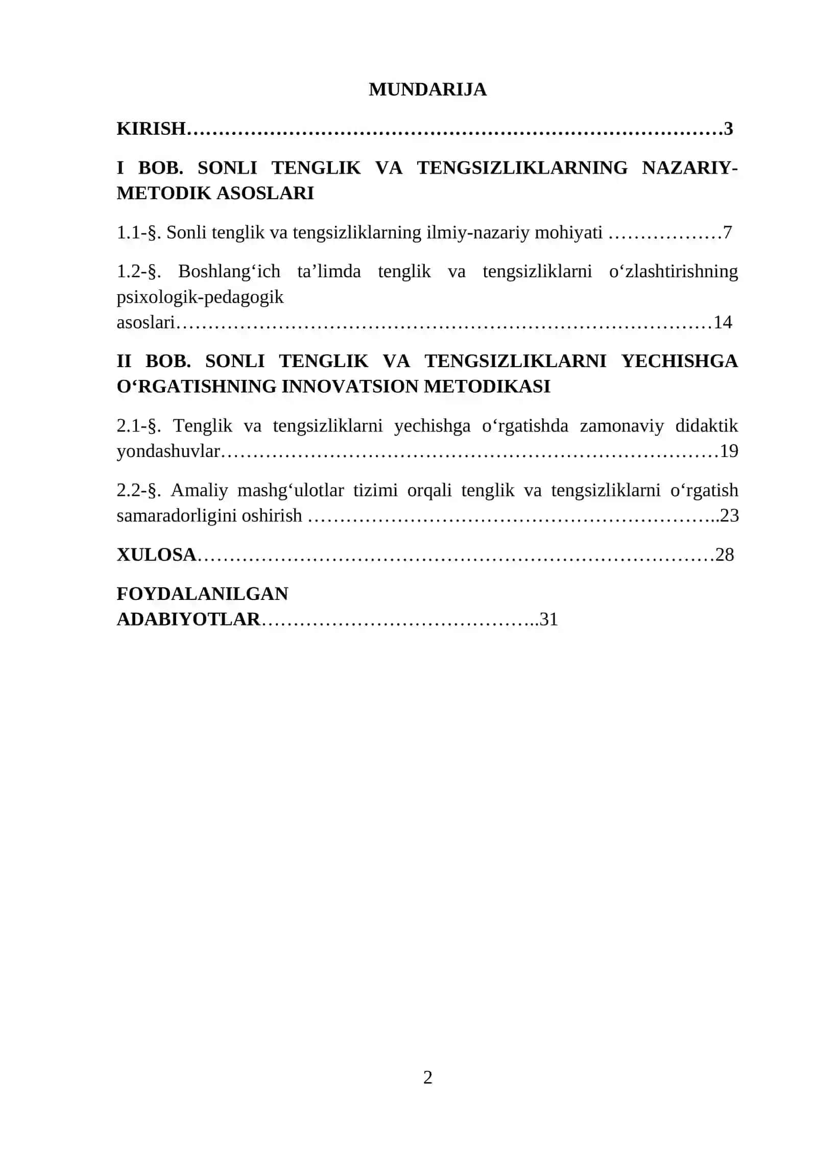 SONLI TENGLIK, TENGSIZLIK  VA UNI YECHISHGA O’RGATISH METODIKASI 2