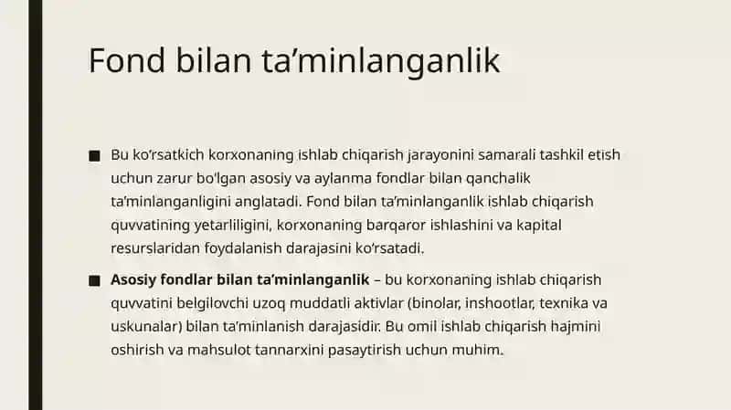 Fond bilan taminlanganlik. Muomila fondlari. Aylanma vositalar 2