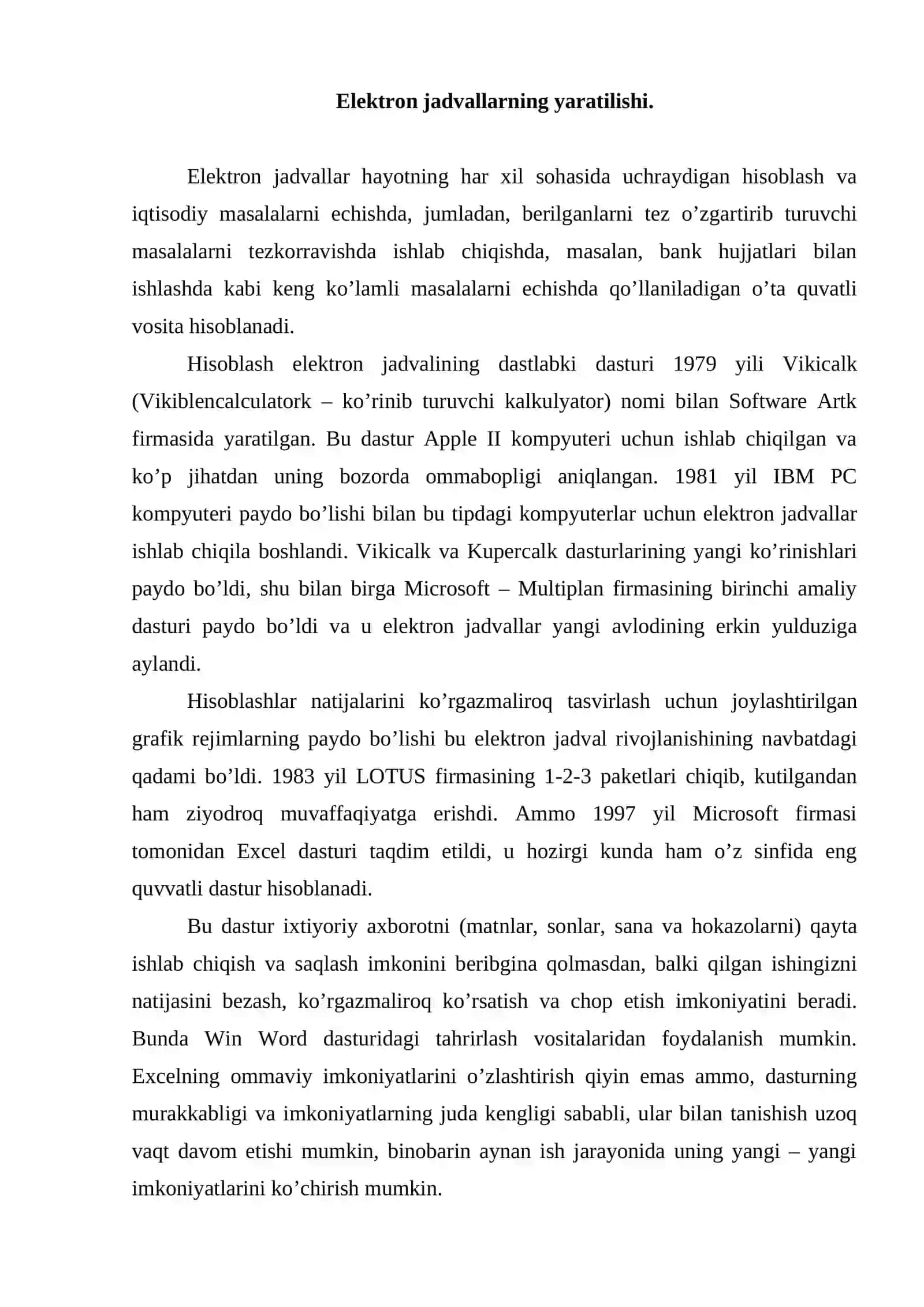 EXCEL ELEKTRON JADVALLAR BILAN ISHLASH 2