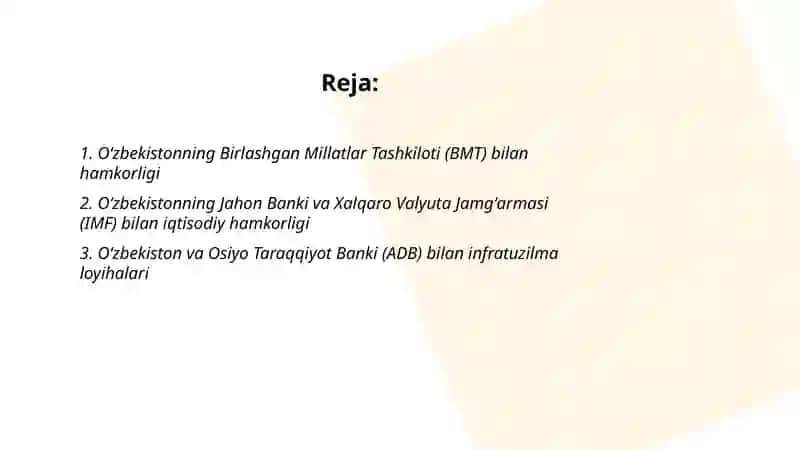 Oʻzbekistoning xalqaro tashkilotlari bilan hamkorlik aloqalari 2