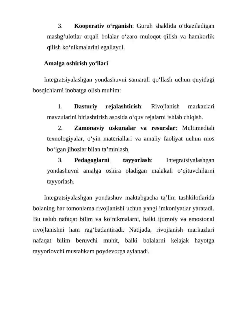 Maktabgacha ta’lim tashkilotlarida rivojlanish markazlarini tashkil etishga integratsiyalashgan yondashuv 2