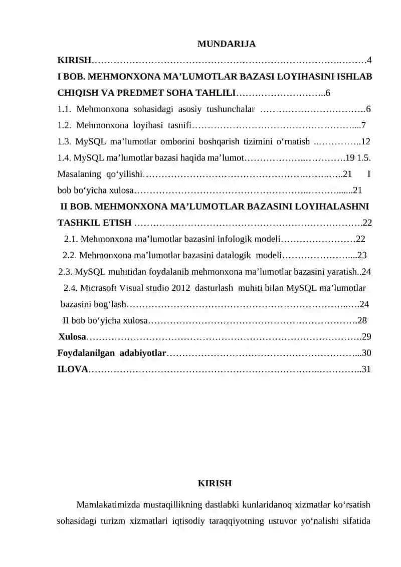Mehmonxona ma’lumotlar bazasini loyihalash 2