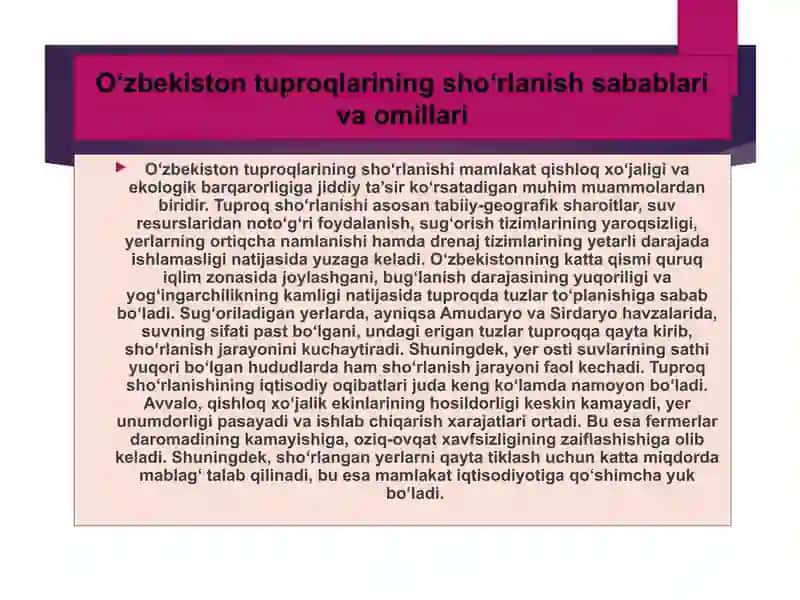 O‘zbekiston tuproqlar sho‘rlanish muammoasi va uni oldini olish chora-tadbirlari 2