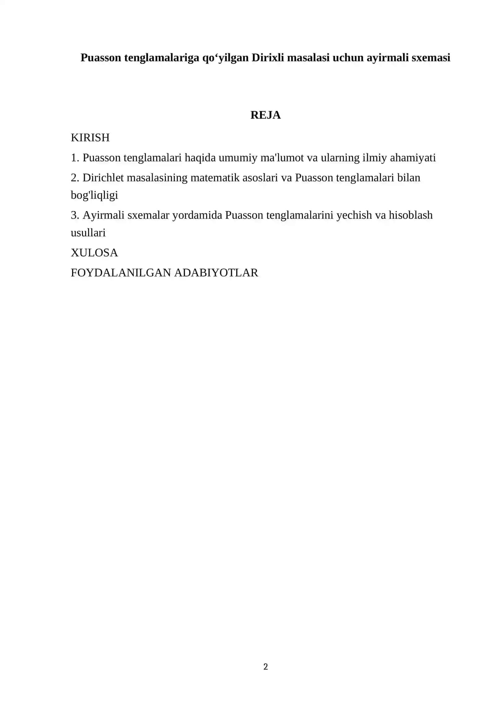 Puasson tenglamalariga qoʻyilgan Dirixli masalasi uchun ayirmali sxemasi 2