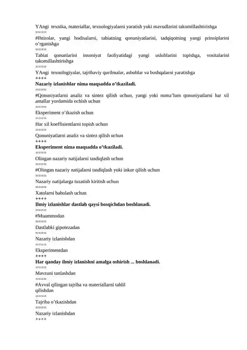 Ilmiy tadqiqot metodologiyasi fanidan YaN test. 2
