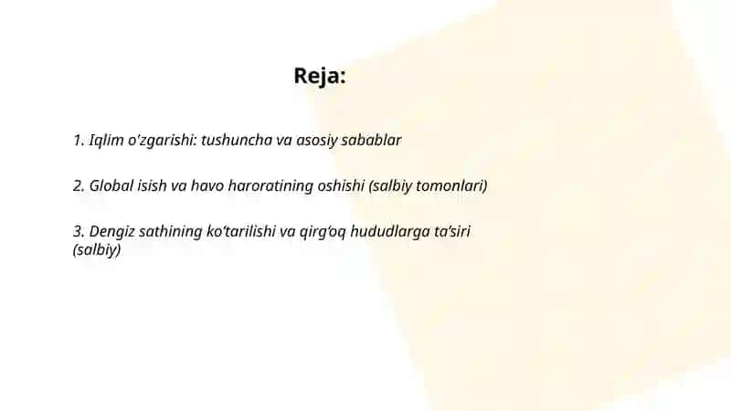 Iqlim uzgarishining salbiy va ijobiy tomonlarini ijobat etuvchi taqdimot qiling 2