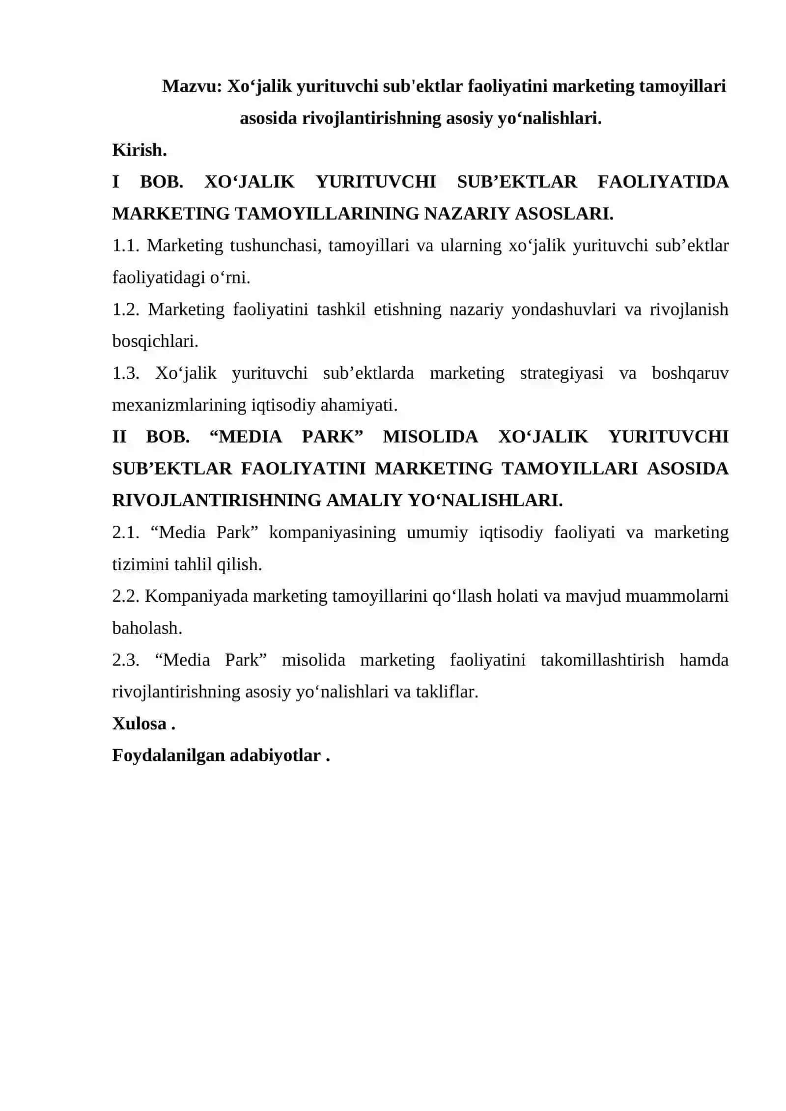 Xoʻjalik yurituvchi sub'ektlar faoliyatini marketing tamoyillari asosida rivojlantirish 2