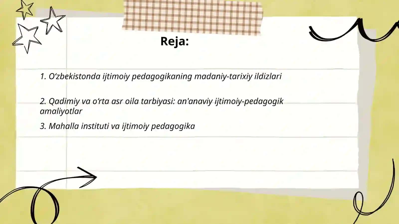 O‘zbekistonda ijtimoiy pedagogikaning paydo bo‘lishi: madaniy-tarixiy, ijtimoiy-huquqiy shart-sharoitlari. O‘zbek xalq pedagogikasi va islom ta’limotida ijtimoiy-pedagogik g‘oyalar 2