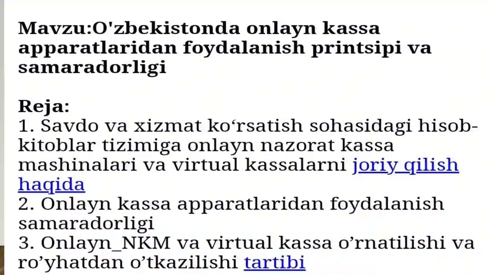 O'zbekistonda onlayn kassa apparatlaridan foydalanish Prinsi va samaradorligi 2