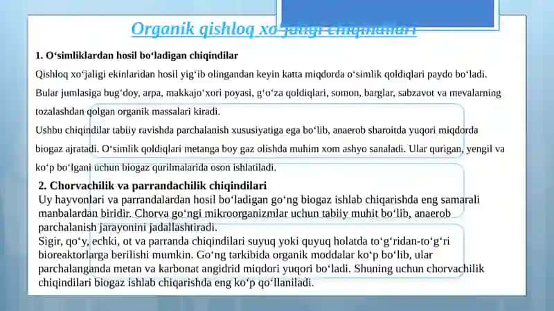 Biogaz olishdagi xom ashyomanbalari 2