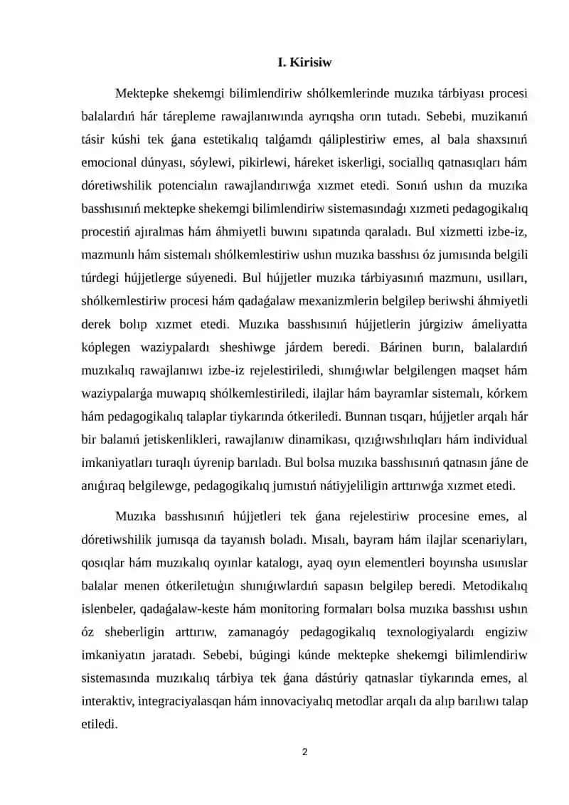 Muzıka basshısınıń hújjetleri: mazmunı hám júrgiziliwi, orınlanıwı 2