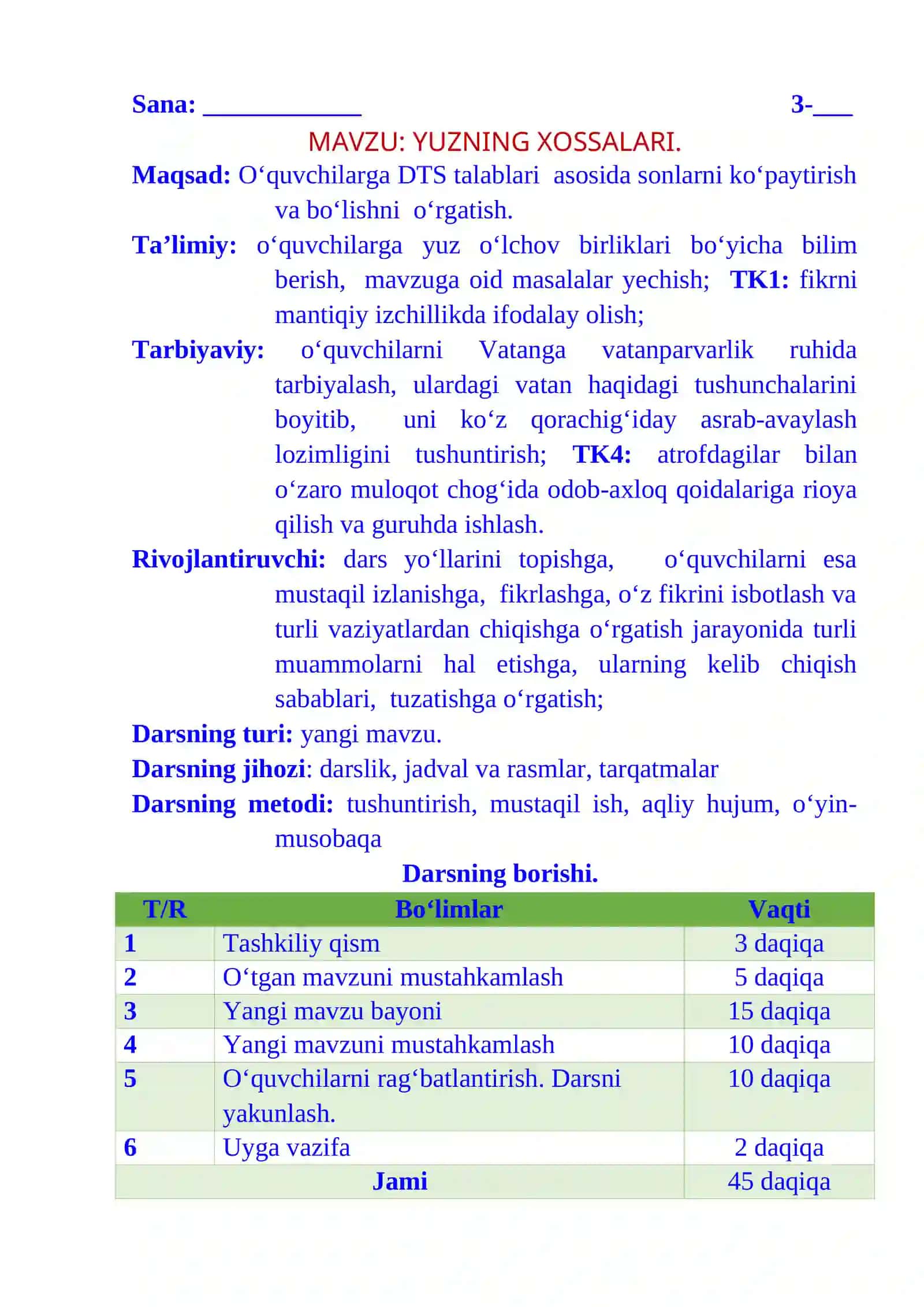 3-sinf Matematika fanidan Yuzning xossalari 2-chorak dars ishlanmasi 2