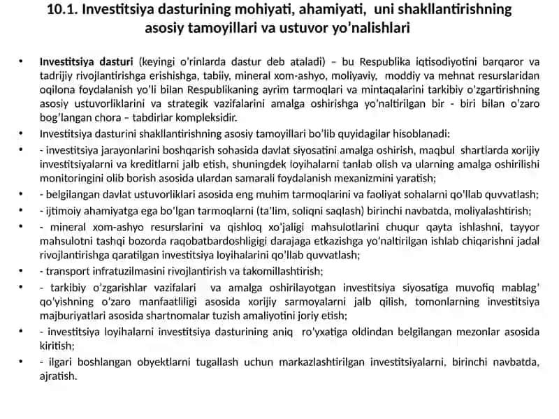 Investitsiyadasturiningmohiyati,ahamiyati,unishakllantirishningasosiytamoyillarivaustuvoryo’nalishlari 2