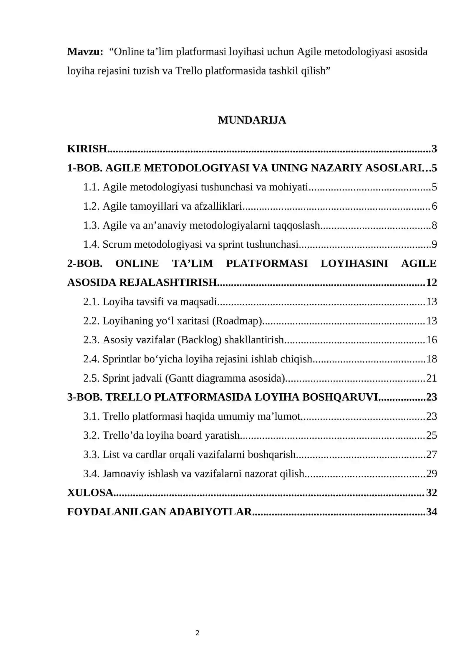 Online ta’lim platformasi loyihasi uchun Agile metodologiyasi asosida loyiha rejasini tuzish va Trello platformasida tashkil qilish 2