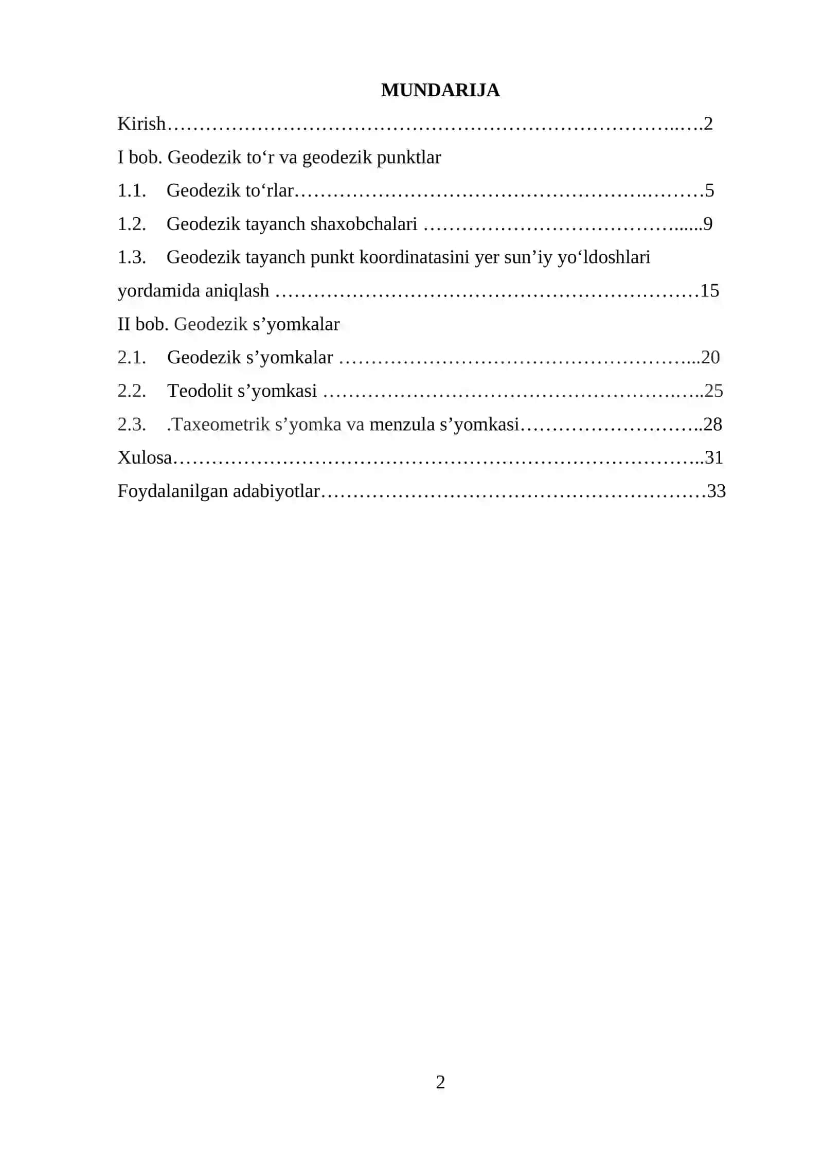 Davlat geodezik tayanch shaxobchalari kurs ishi 2