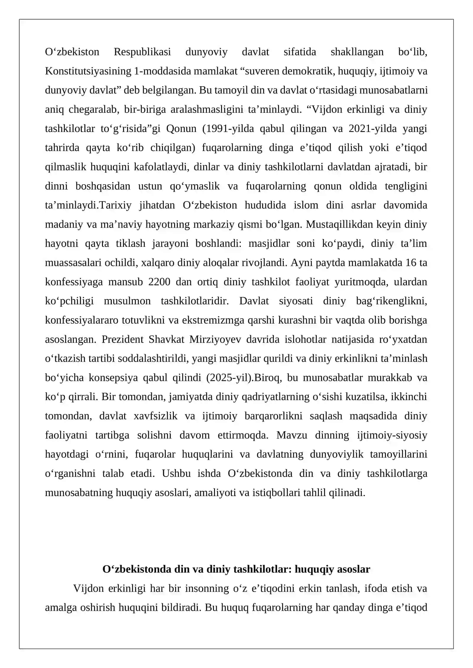 O‘zbekistonda din va diniy tashkilotlarga munosabat 2
