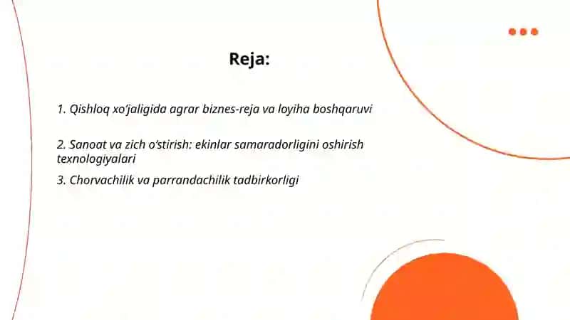 Tadbirkorlik faoliyat yonalishlari: qishloq xŏjaligi, moliya, ulgurji va chakana savdo, xizmatlari 2