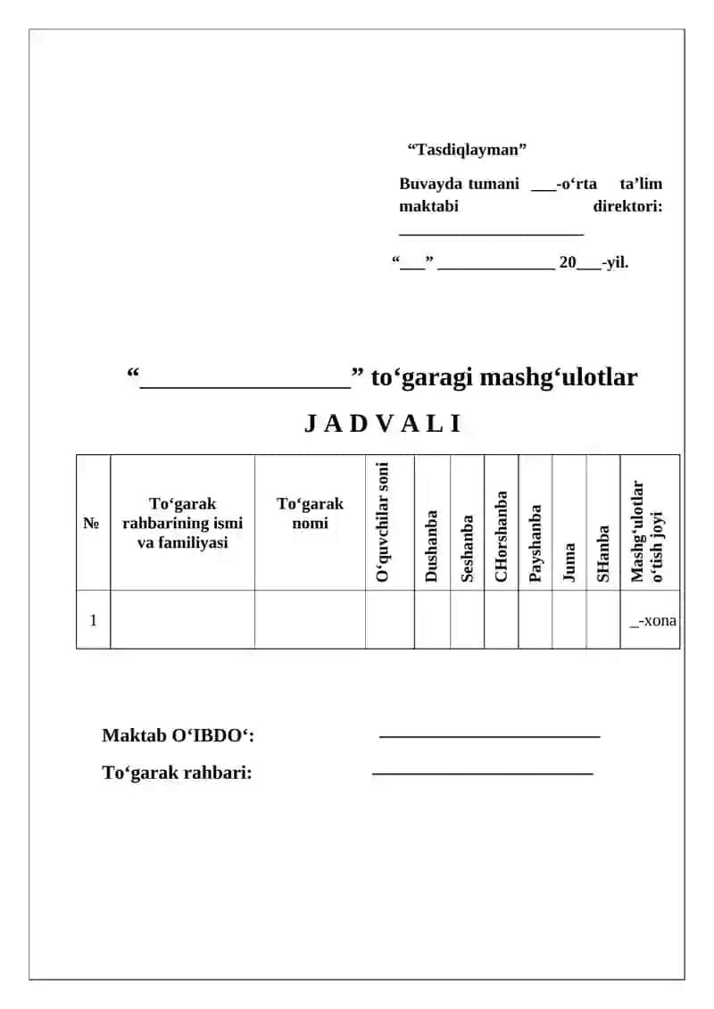 To‘garak Mashg‘ulotlar Jadvallari 2