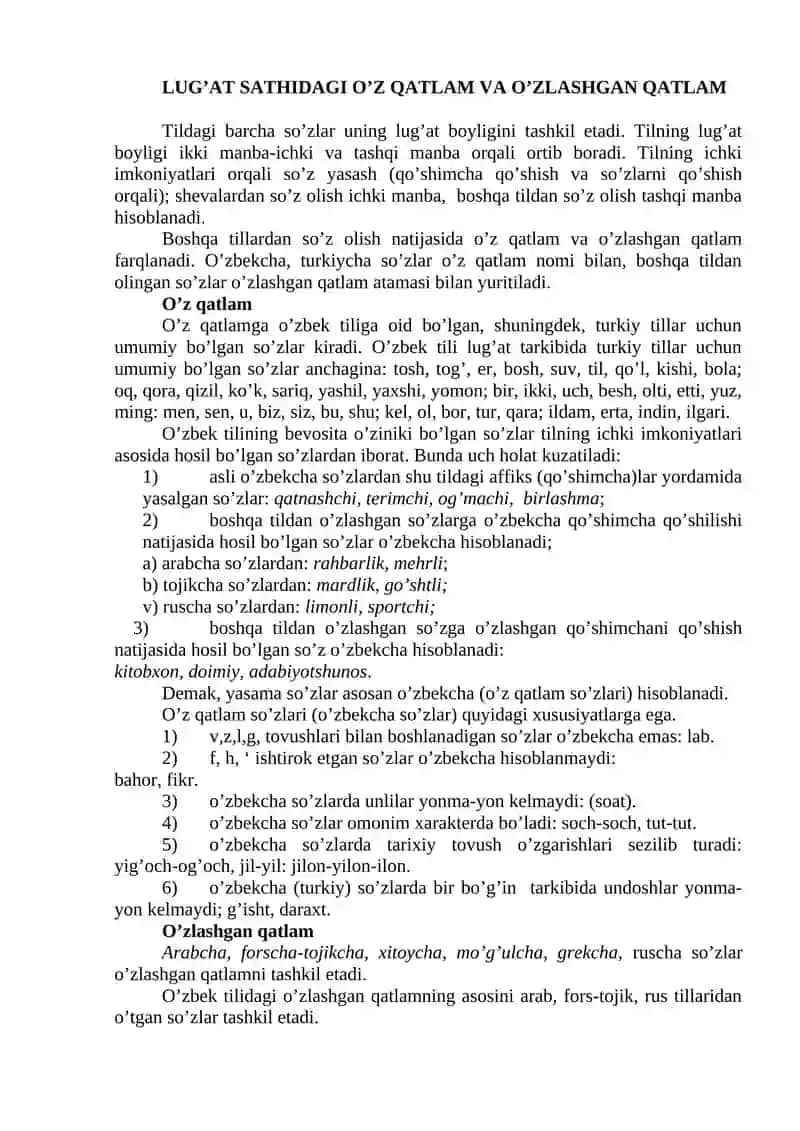 Lug’at sathidagi o’z qatlam va o’zlashgan qatlam 2