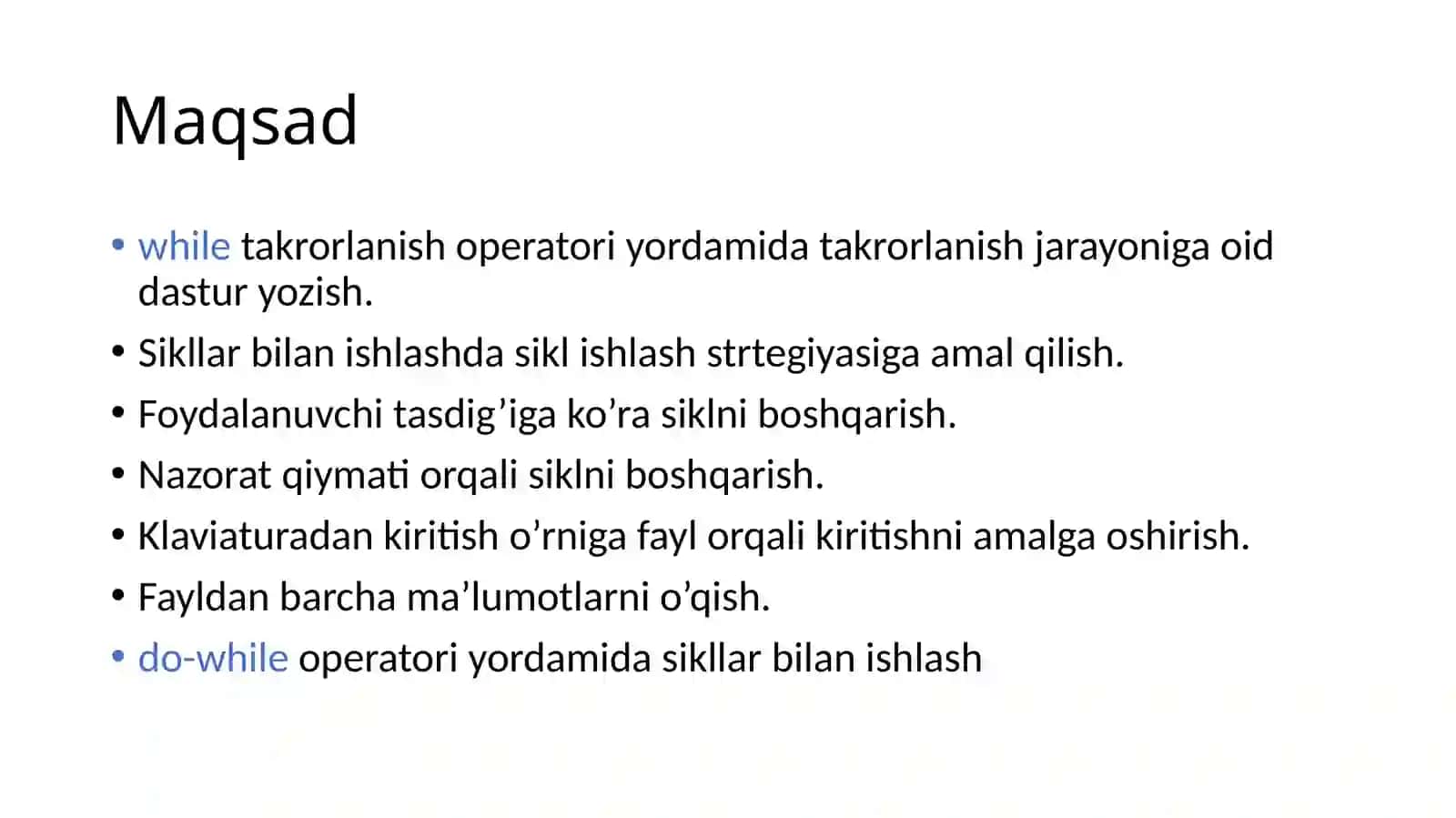 Takrorlanish operatori, while – old shartli va do … while – so’ng shartli takrorlanish operatori 2