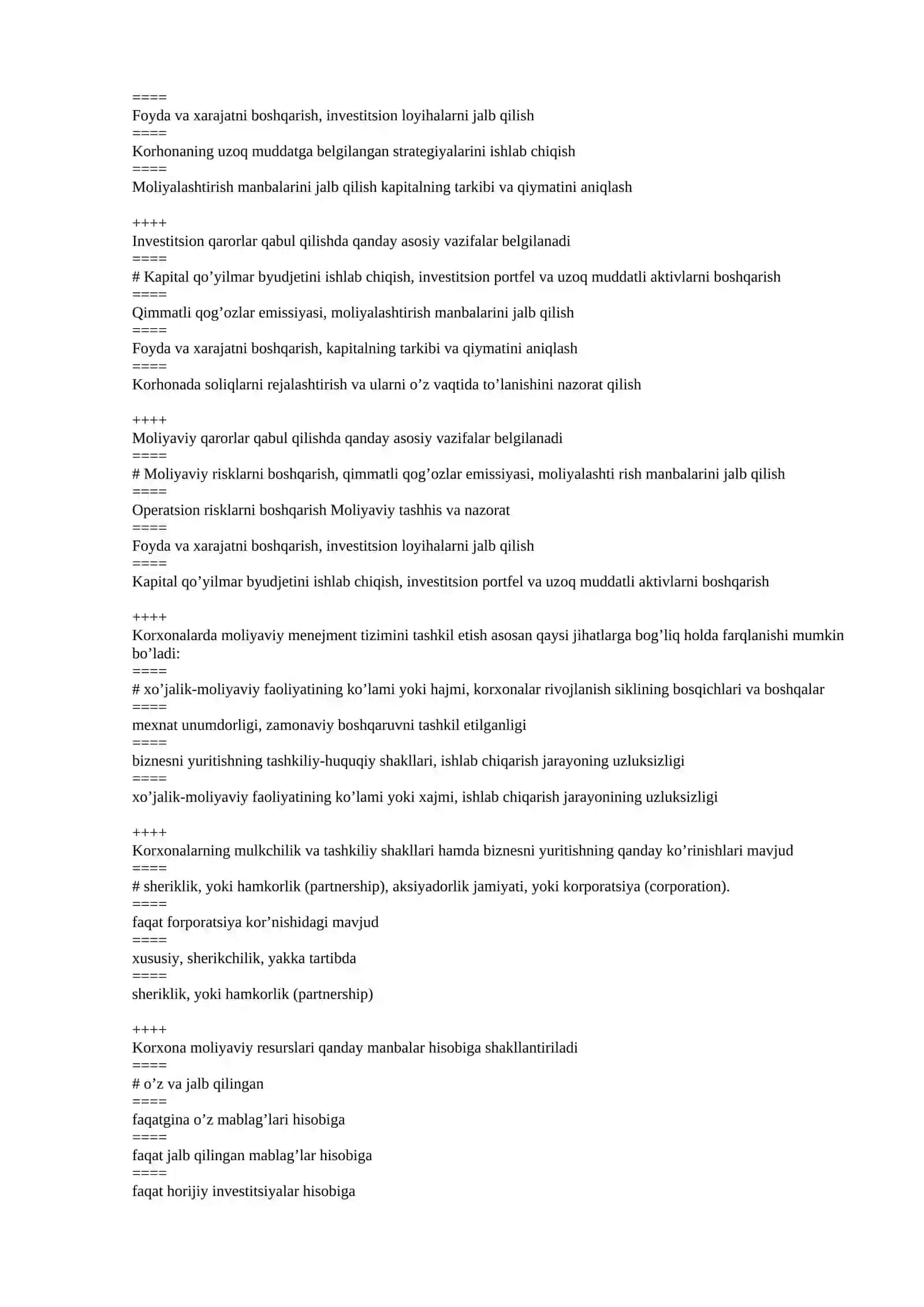 KORPORATIV MOLIYA fanidan yakuniy nazorat uchun test savollari 2